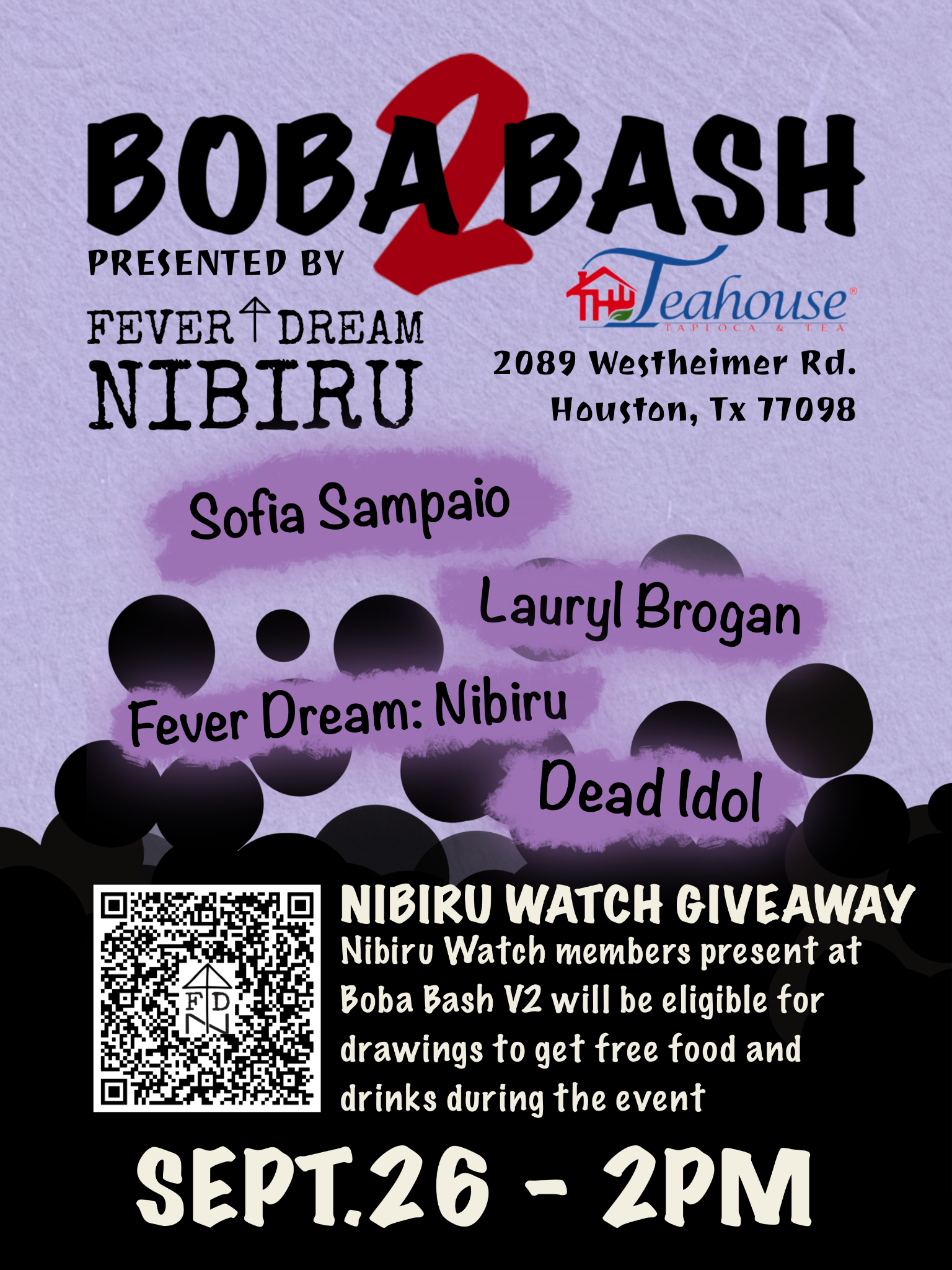 Boba Bash V2 poster for September 26 at Teahouse featuring Sofia Sampaio, Lauryl Brogan, Fever Dream: Nibiru, and Dead Idol